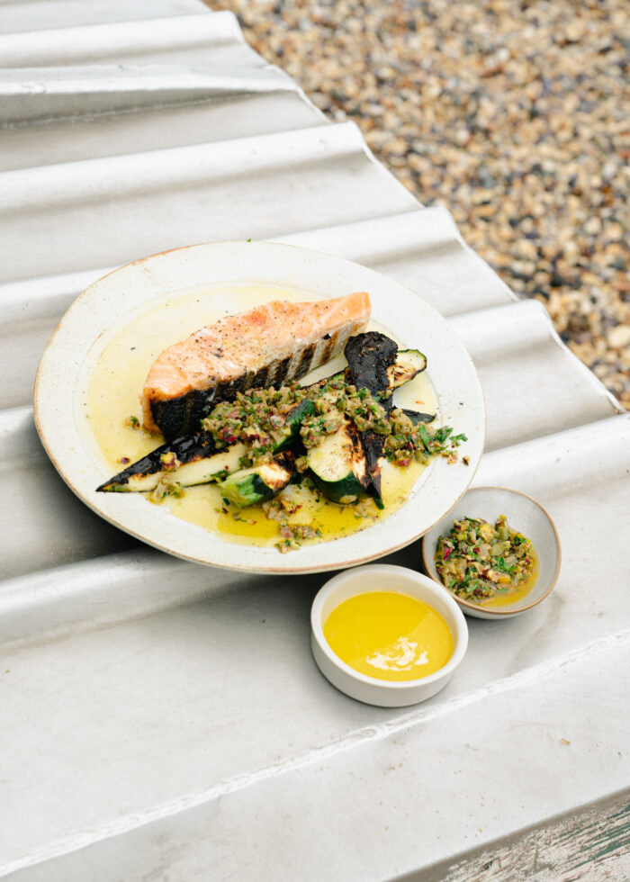 Lemon Butter Salmon w/ Pistachio + Preserved Lemon Salsa