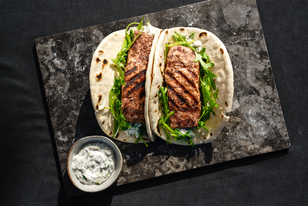 Sumac Salmon Flatbreads w/ Charred Spring Onion Mayonnaise