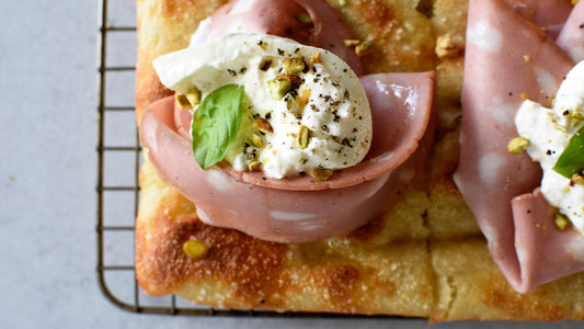 Cold Fermented Focaccia with Mortadella, Burrata, Pistachio