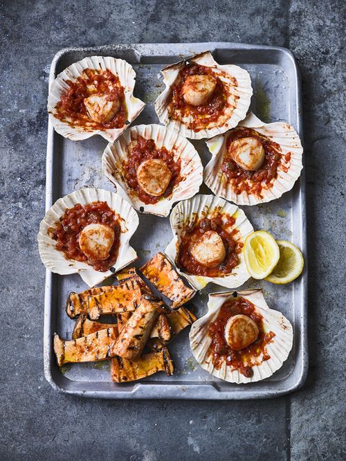 Baked Scallop with Tomato and Marinated Mushrooms